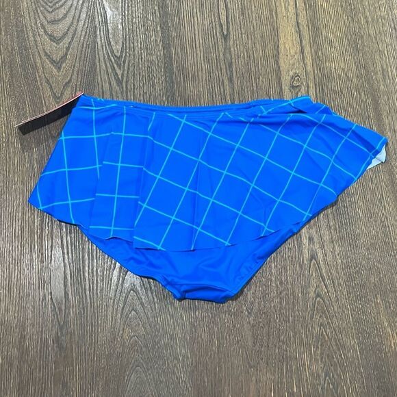 NWT Spanx Womens Flirty Skirted Swim Bikini Bottom Mid Rise Blue Geo Size 12 - Picture 2 of 8